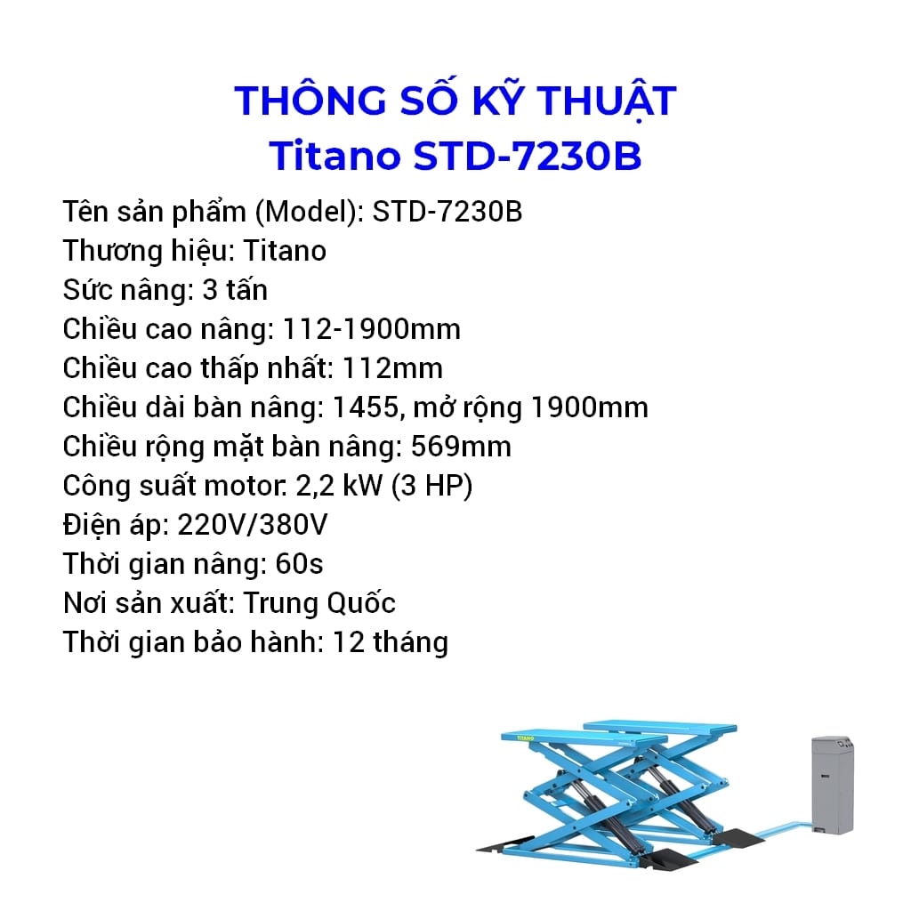 cầu nâng xe ô tô cắt kéo kéo lắp nổi 3 tấn titano std-7230b